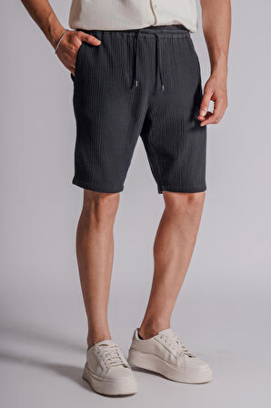 Erkek Yandan Cepli Beli Lastikli  Dokulu Kumaş Relaxed Fit Jogger Şort Siyah