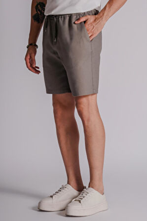 Erkek Yandan Cepli Beli Lastikli Keten Dokulu Relaxed Fit Jogger Şort Haki