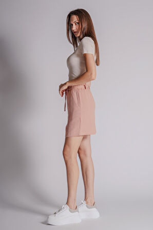 Kadın Yandan Cepli Beli Lastikli Jogger Şort Kum