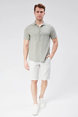 Erkek Beli Yarım Lastikli Keten Görünümlü Pamuk Şort Gri