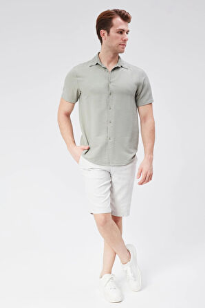 Erkek Beli Yarım Lastikli Keten Görünümlü Pamuk Şort Gri