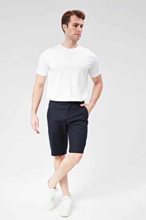 Erkek Beli Yarım Lastikli Keten Görünümlü Pamuk Şort Lacivert