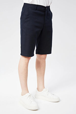 Erkek Beli Yarım Lastikli Keten Görünümlü Pamuk Şort Lacivert