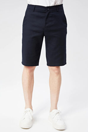 Erkek Beli Yarım Lastikli Keten Görünümlü Pamuk Şort Lacivert