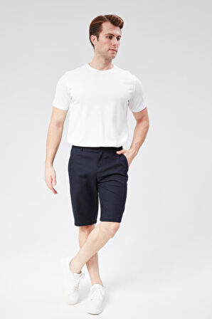 Erkek Beli Yarım Lastikli Keten Görünümlü Pamuk Şort Lacivert