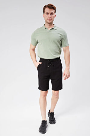 Erkek Beli Lastikli Bağcıklı Keten Karışımlı Slim Fit Jogger Şort Siyah