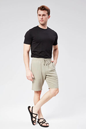 Erkek Beli Lastikli Bağcıklı Keten Karışımlı Slim Fit Jogger Şort Yeşil
