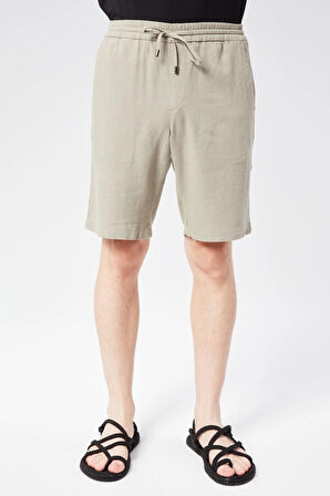 Erkek Beli Lastikli Bağcıklı Keten Karışımlı Slim Fit Jogger Şort Yeşil