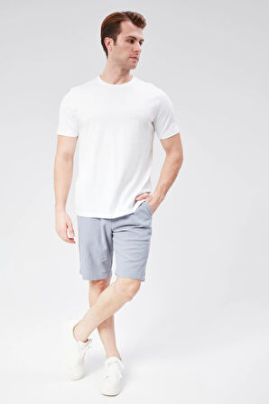 Erkek Beli Lastikli Bağcıklı Keten Karışımlı Slim Fit Jogger Şort Mavi