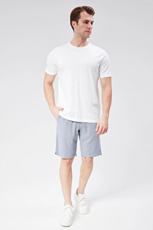 Erkek Beli Lastikli Bağcıklı Keten Karışımlı Slim Fit Jogger Şort Mavi