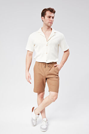 Erkek Beli Lastikli Bağcıklı Pamuk Keten Karışımlı Slim Fit Jogger Şort Vizon