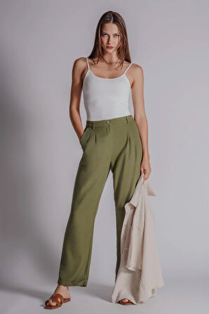 Kadın Beli Yarım Lastikli Çift Pilili Duble Paça Pantolon Taş