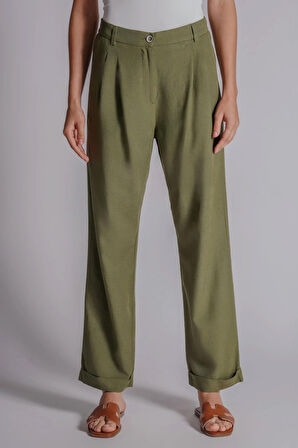 Kadın Beli Yarım Lastikli Çift Pilili Duble Paça Pantolon Taş