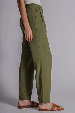 Kadın Beli Yarım Lastikli Çift Pilili Duble Paça Pantolon Taş