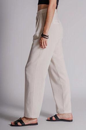 Kadın Çift Pilili Arka Cep Fleto Keten Karışımlı Chino Pantolon Naturel