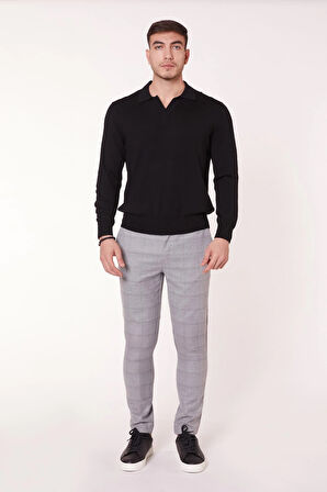 Erkek Beli Lastikli Slim Fit Ekoseli Gri Pantolon