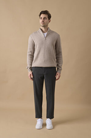 Erkek Beli Yarım Lastikli Fermuarlı Antrasit Chino Pantolon