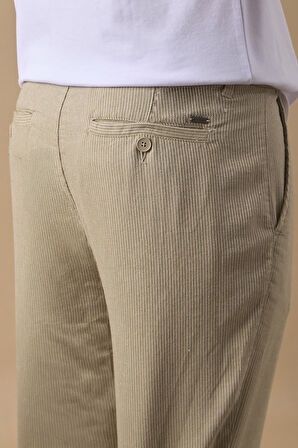 Erkek Haki Slim Fit Keten Karışımlı Çizgili Pantolon