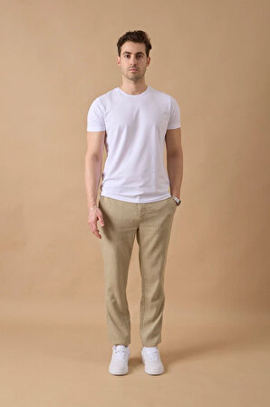 Erkek Haki Slim Fit Keten Karışımlı Çizgili Pantolon