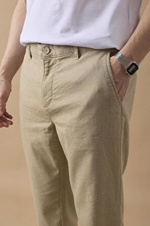 Erkek Haki Slim Fit Keten Karışımlı Çizgili Pantolon