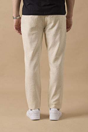 Erkek Bej Slim Fit Keten Karışımlı Çizgili Pantolon