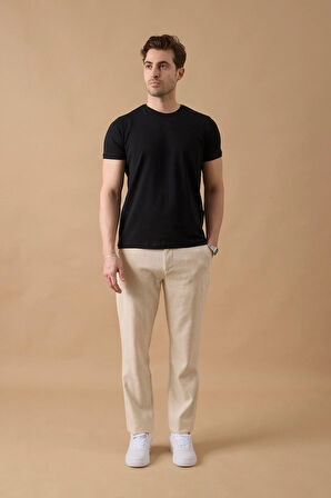 Erkek Bej Slim Fit Keten Karışımlı Çizgili Pantolon