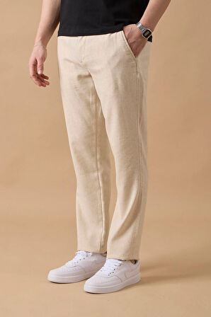 Erkek Bej Slim Fit Keten Karışımlı Çizgili Pantolon