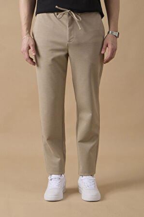 Erkek Regular Fit Orta Bel Düz Paça Bej Pantolon