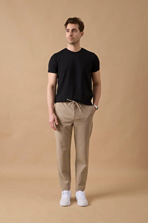 Erkek Regular Fit Orta Bel Düz Paça Bej Pantolon