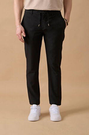 Erkek Slim Fit Beli Bağlamalı Dokulu Siyah Pantolon