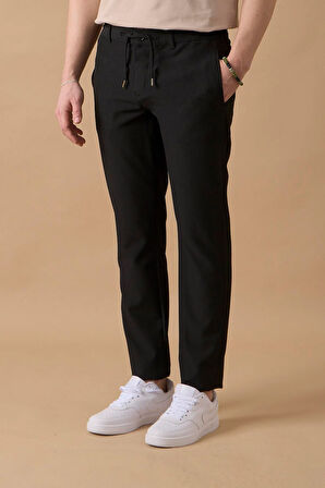 Erkek Slim Fit Beli Bağlamalı Dokulu Siyah Pantolon