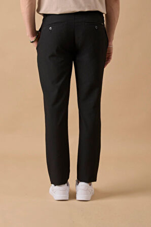 Erkek Slim Fit Beli Bağlamalı Dokulu Siyah Pantolon