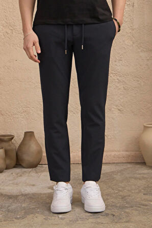 Erkek Slim Fit Beli Bağlamalı Dokulu Lacivert Pantolon