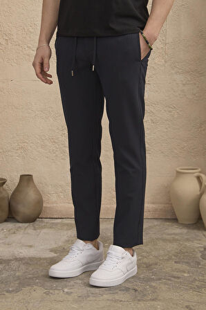 Erkek Slim Fit Beli Bağlamalı Dokulu Lacivert Pantolon