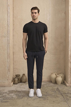 Erkek Slim Fit Beli Bağlamalı Dokulu Lacivert Pantolon