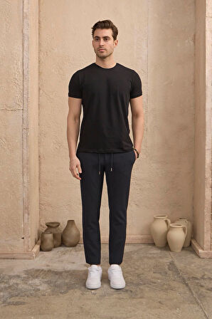 Erkek Slim Fit Beli Bağlamalı Dokulu Lacivert Pantolon