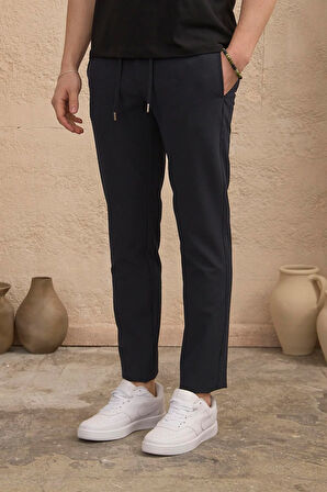 Erkek Slim Fit Beli Bağlamalı Dokulu Lacivert Pantolon