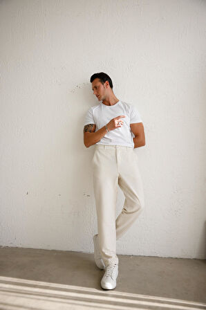 Erkek Esnek Dokulu Slim Fit Bej Pantolon