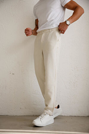 Erkek Esnek Dokulu Slim Fit Bej Pantolon
