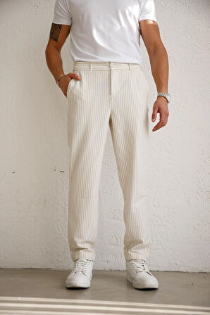 Erkek Esnek Dokulu Slim Fit Bej Pantolon