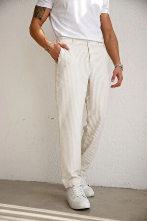 Erkek Esnek Dokulu Slim Fit Bej Pantolon