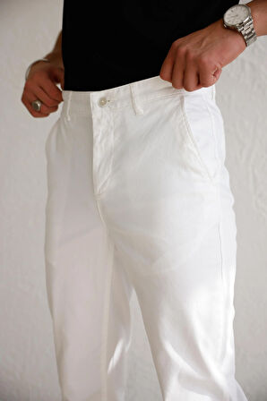 Erkek Armürlü Slim Fit Beyaz Pantolon