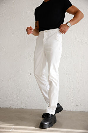 Erkek Armürlü Slim Fit Beyaz Pantolon