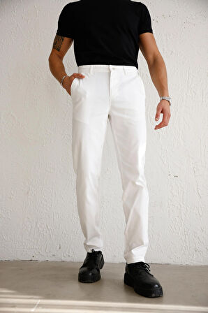 Erkek Armürlü Slim Fit Beyaz Pantolon