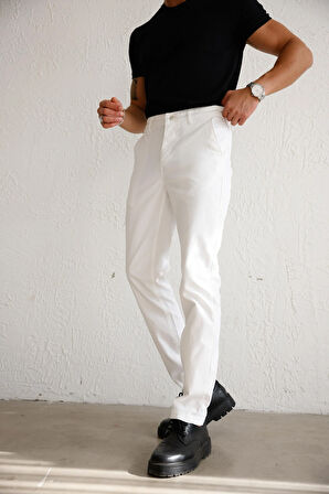 Erkek Armürlü Slim Fit Beyaz Pantolon