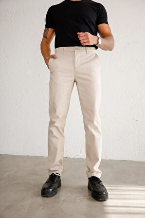 Erkek Armürlü Slim Fit Bej Pantolon