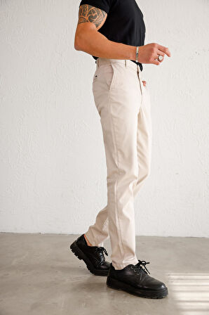 Erkek Armürlü Slim Fit Bej Pantolon
