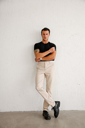 Erkek Armürlü Slim Fit Bej Pantolon