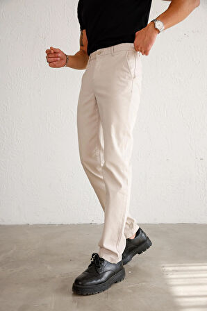 Erkek Armürlü Slim Fit Bej Pantolon