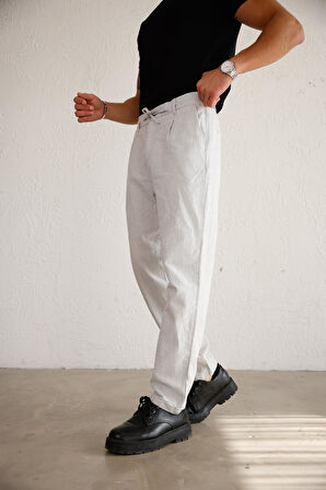 Erkek Yandan Cepli Beli Lastikli Keten Karışımlı Relaxed Fit Gri